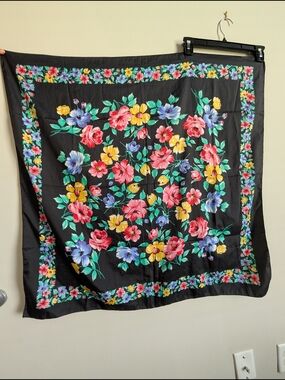 Black Floral Square Scarf 35" with Red, Yellow & Blue Flowers